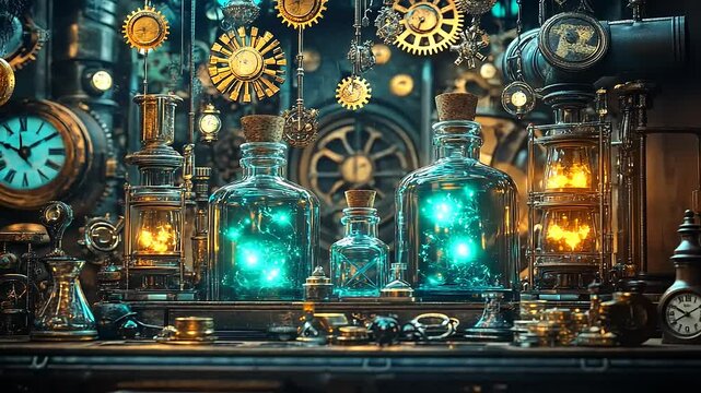 Steampunk laboratory filled with glowing potion bottles and intricate clockwork mechanisms