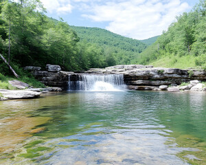 Serene waterfall cascading into a clear pool, surrounded by lush green mountains