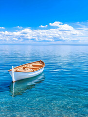 Fototapeta premium Serene white rowboat floats on calm, turquoise water under a vibrant blue sky with fluffy clouds