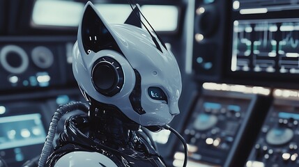 Futuristic robotic figure with cat-like features and glowing blue eyes, set against a backdrop of advanced control panels and screens displaying data in a high-tech environment