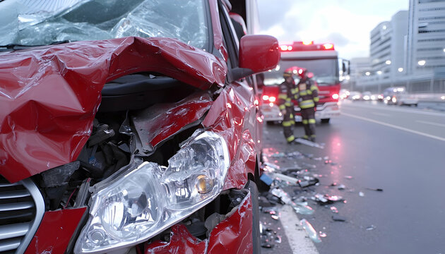 Severely damaged red car after a collision, emergency responders present