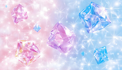Fototapeta premium Sparkling pink and blue gemstones float on a glittering background