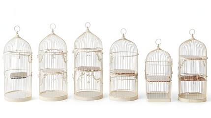 A collection of vintage inspired decorative bird cages in varying shapes and sizes featuring detachable trays displayed against a clean minimalist white background
