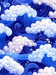 Stylized seamless pattern of swirling blue waves and white foam