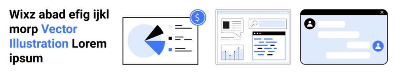 Obraz premium Pie chart, financial icons, search field, data tables, and chat window represent analytics, information management, and virtual communication. Ideal for tech tools, finance data UX and simple