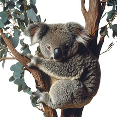 Gentle Koala Hugging Eucalyptus Branch Isolated on Transparent Background