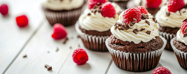 Chocolate cupcakes with white frosting, raspberries, and chocolate shavings on a white wooden table.