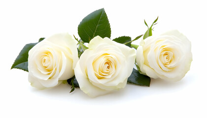 Three creamy white roses with green leaves, isolated on white background