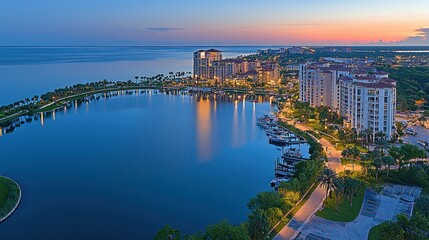 Fototapeta premium Panoramic view of waterfront condos at dawn, marina, and lagoon