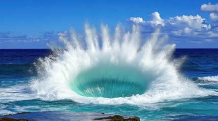 Ocean wave exploding, coastal rocks, blue sky, sunny day, travel poster