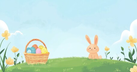 Fototapeta premium Easter banner with a cute bunny and a basket of colorful eggs on grassy hills under a blue sky. Ideal for spring events, kids’ designs, festive ads, and greeting cards