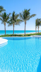 Fototapeta premium Tranquil poolside view; turquoise water, palm trees, and ocean backdrop