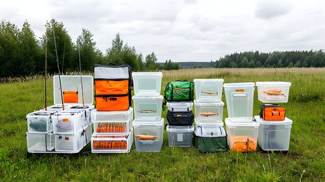 A diverse collection of waterproof fishing bags tackle boxes and storage cases arranged in a grassy outdoor setting ready for fishing camping or other outdoor adventures