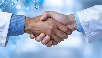 Two scientists shake hands, molecular model in background