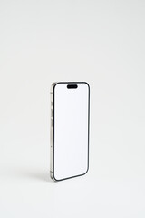 Standing blank smartphone mockup isolated on white background