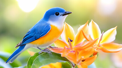 Obraz premium Vibrant blue and orange bird perched on bright orange flower