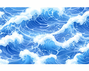 Vibrant blue ocean waves with white foam, a detailed illustration
