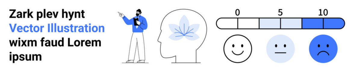 Person presenting mental well-being concept with flower in head, emotions scale, and facial expressions. Ideal for mental health, education, self-care, counseling, psychology, mindfulness simple