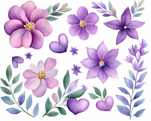 Watercolor-style purple and pink flowers, leaves, hearts, and stars