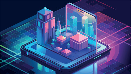 Fototapeta premium Digital cityscape emerging from smartphone screen showcases futuristic architecture and vibrant colors with a modern design aesthetic