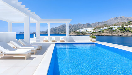 Obraz premium White villa rooftop infinity pool overlooking ocean & mountains