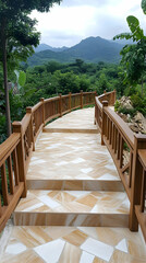 Winding stone path with wooden railings leading to scenic mountain view
