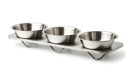 A set of three shiny stainless steel pet bowls designed for holding food and water for domestic animals