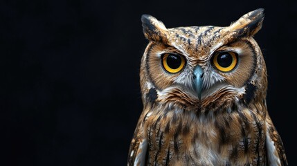 Fototapeta premium Staring Owl Portrait with Piercing Yellow Eyes on Dark Background