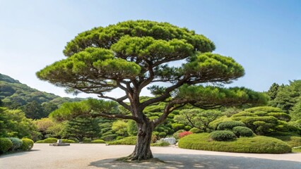 Large bonsai-style tree in a Japanese garden with green landscape