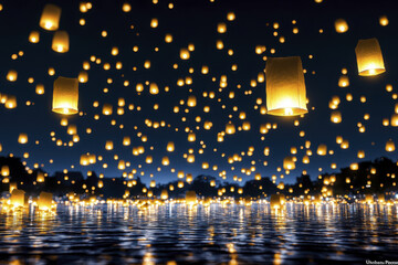 multitude of glowing lanterns float serenely over calm body of water night, creating magical and tranquil atmosphere. sky is filled with these illuminated lanterns, reflecting beautifully water