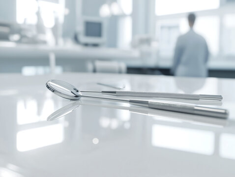 Sterile stainless steel dental tools on a reflective surface in a bright modern clinic
