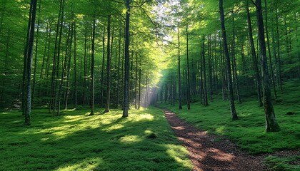 Obraz premium Sunlit Forest Path with Green Trees.