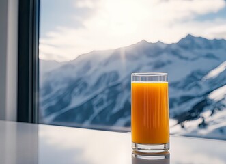 Drinking Fresh Orange Juice with Snow Mountain View From the Window