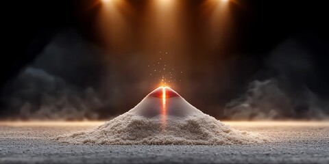 Illuminated mound of fine powder resembling a volcano, set against a dark background with glowing lights