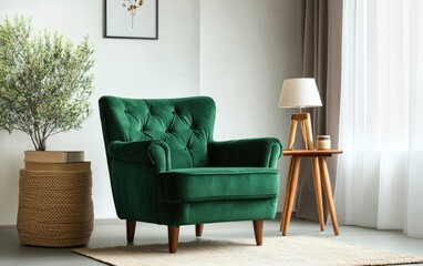 Green Velvet Armchair in Living Room Interior with Natural Light