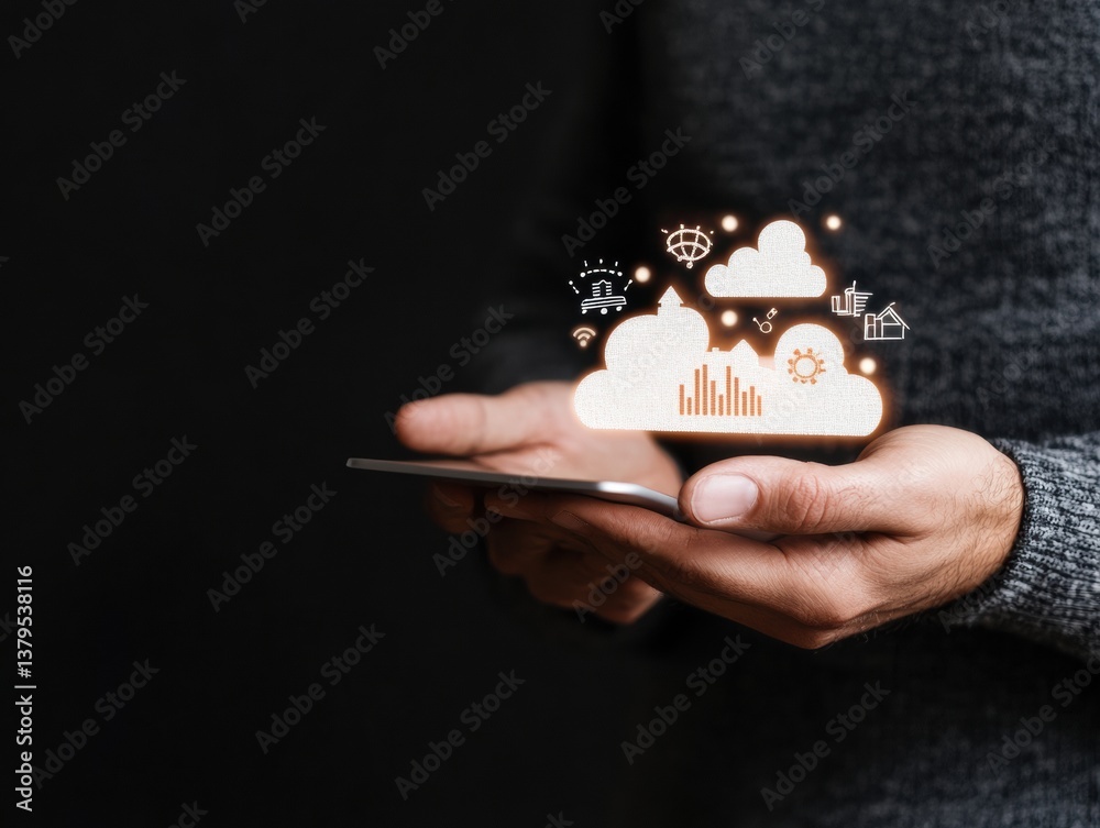 Poster Immersive Cloud Computing Visualization Next-Gen Digital Transformation Hologram Emerging from Smartphone with Interconnected Business Intelligence Icons