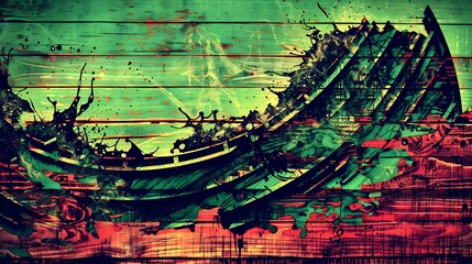 Abstract artwork featuring dark shapes and splashes of color on wood