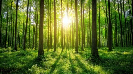 Obraz premium Sunlight streams through a dense forest, casting shadows and highlighting the vibrant green foliage. Serene natural landscape.