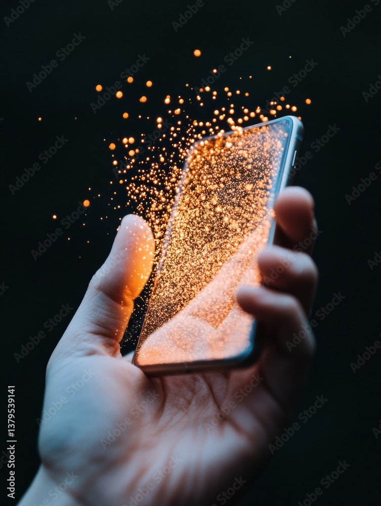 Poster Immersive Digital Transformation Glowing Particle Smartphone Interface Revealing Next-Gen Tech Connectivity, Cutting-Edge Visual Metaphor for Innovation and Dynamic Data Flow