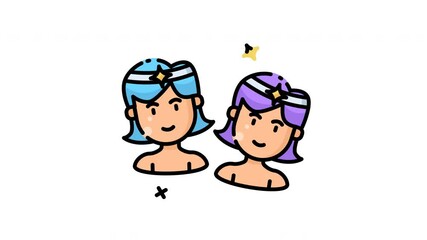 animation of Astrology gemini two smiling cartoon girls with blue and purple hair representing the air signs playful nature.
