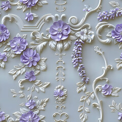 Decorative wall relief featuring intricate floral designs in lavender and white.