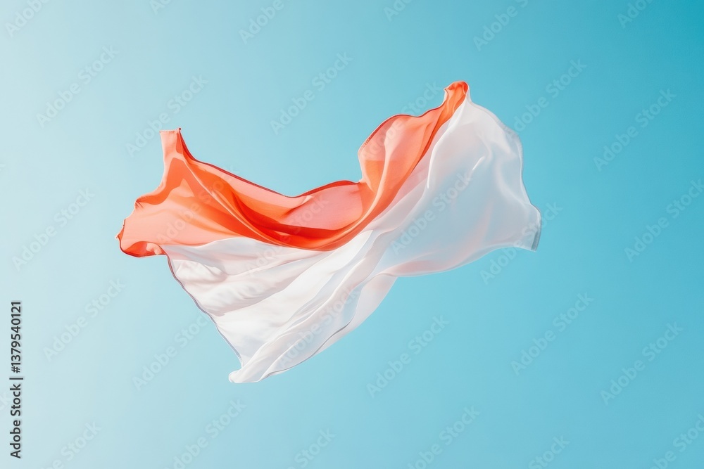 Poster ethereal motion design soft coral and white fabric flowing in minimalist blue space - dynamic textur