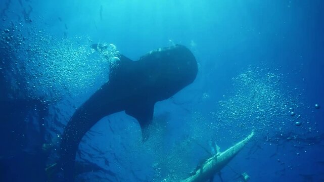 Silhouette of tiger shark swims in underwater depths