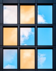 Geometric Urban Luminescence Modular Glass Facade Reflecting Dynamic Sky - Architectural Innovation in Corporate Design and Sustainable Building Technology