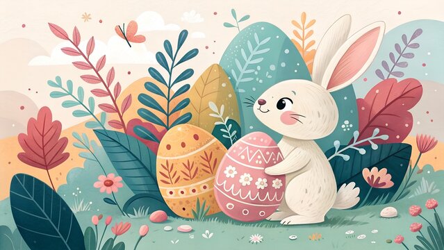 Charming Easter themed flat illustration featuring a cute bunny surrounded by colorful foliage and abstract egg shapes, perfect for festive cards or spring design projects 

