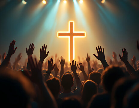 Crowd Raising Hands Before Glowing Cross at Church Service or Event