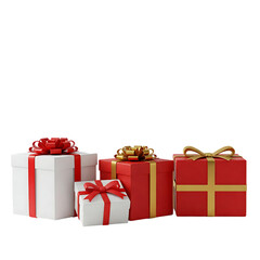 Festive Collection of Red and White Gift Boxes with Elegant Gold and Red Ribbons on a Clean White Background for Holiday and Celebration Themes