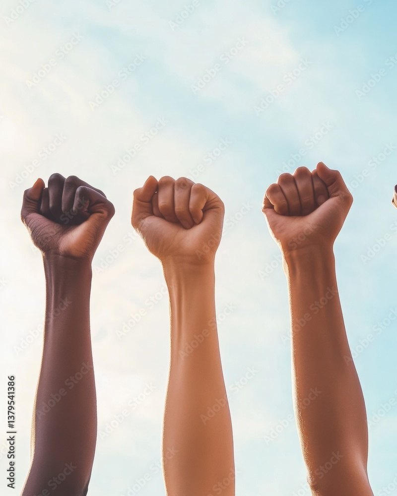 Poster Inclusive Unity Multicultural Solidarity Movement - Empowering Diversity Through Powerful Raised Fists Against Soft Sky Background of Social Change