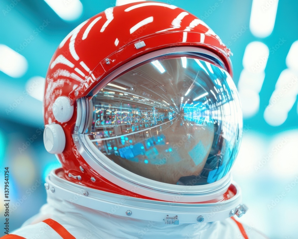 Poster retro-futuristic space exploration vintage astronaut helmet reflecting cutting-edge cosmic innovatio