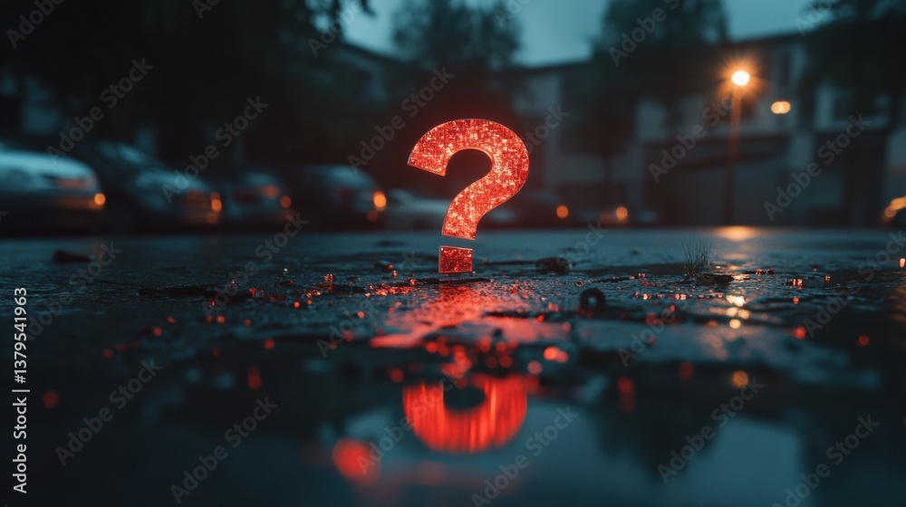 Leinwandbilder take a wild guess day enigmatic glowing red question mark in urban twilight - interactive mystery ma
